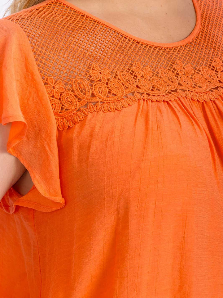 PLUS SIZE SHORT RUFFLE SLEEVE CROCHET DETAILED BLOUSE