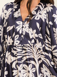 BEULAH WOMEN'S LONG SLEEVE V-NECK BUTTON UP FLORAL MINI DRESS