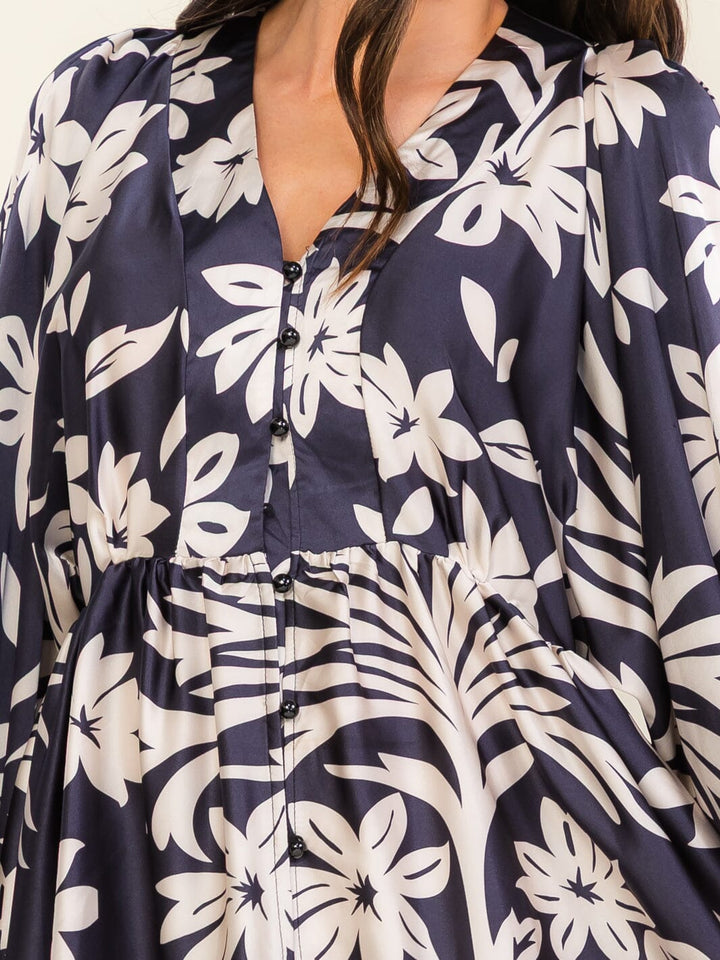 BEULAH WOMEN'S LONG SLEEVE V-NECK BUTTON UP FLORAL MINI DRESS