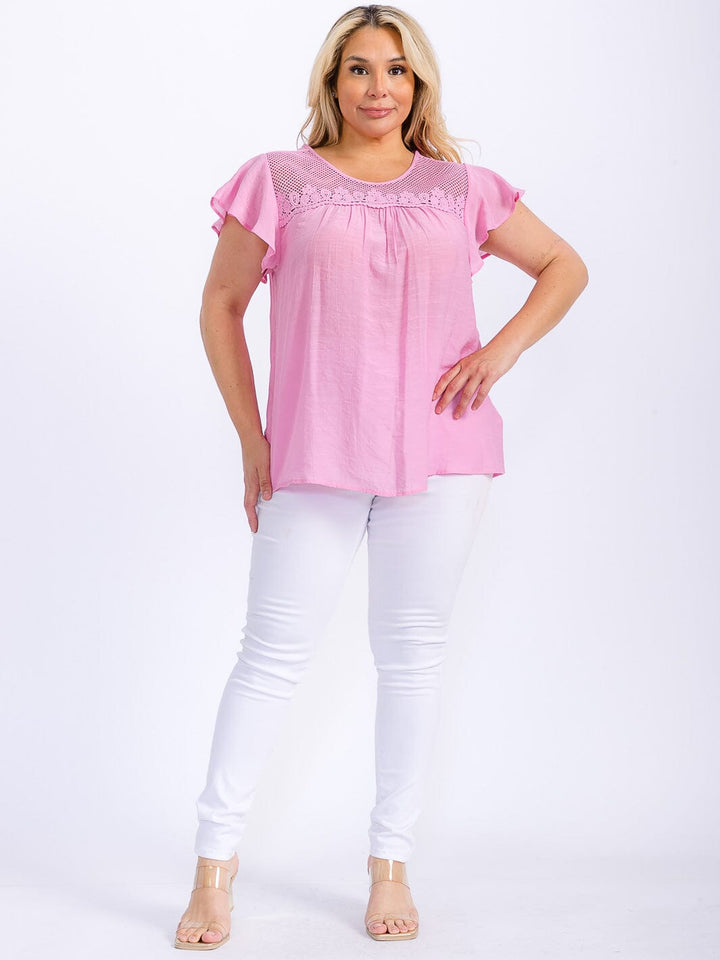 PLUS SIZE SHORT RUFFLE SLEEVE CROCHET DETAILED BLOUSE