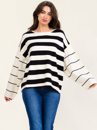 WOMEN'S LONG SLEEVE COLORBLOCK STRIPES PULLOVER SWEATER