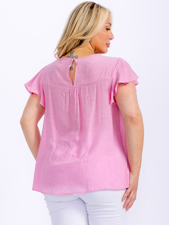 PLUS SIZE SHORT RUFFLE SLEEVE CROCHET DETAILED BLOUSE