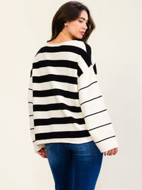 WOMEN'S LONG SLEEVE COLORBLOCK STRIPES PULLOVER SWEATER