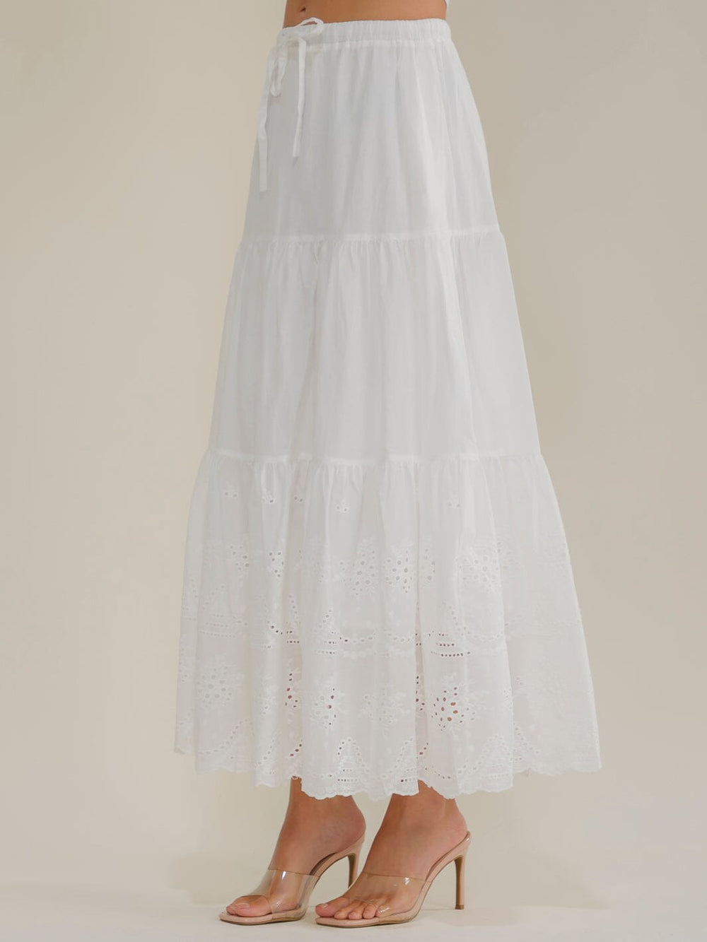 WOMEN'S ELASTIC WAIST SELF TIE TIERED EYELET MAXI SKIRT