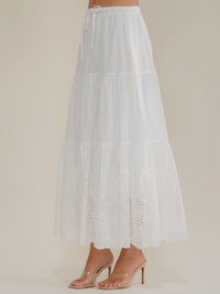 WOMEN'S ELASTIC WAIST SELF TIE TIERED EYELET MAXI SKIRT