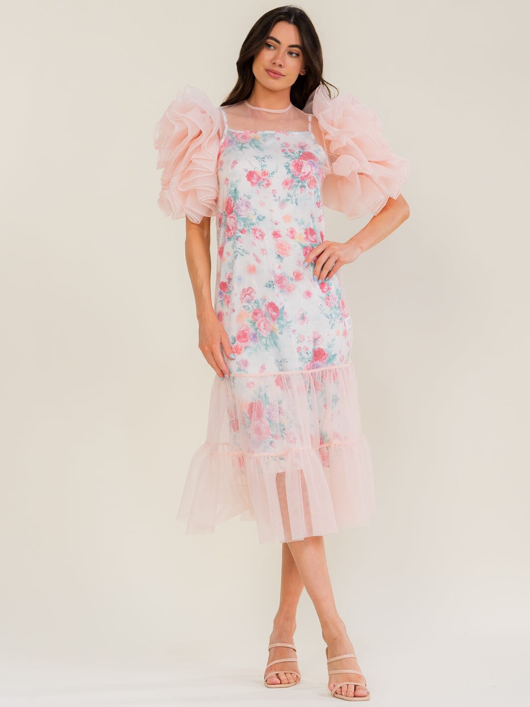 BEULAH WOMEN'S SHORT PUFF SLEEVE FLORAL LINING TULLE MIDI DRESS