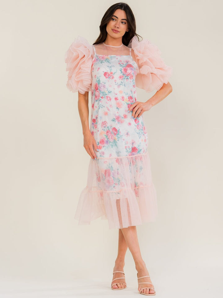 BEULAH WOMEN'S SHORT PUFF SLEEVE FLORAL LINING TULLE MIDI DRESS