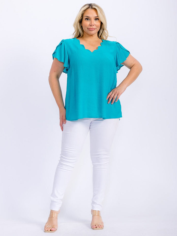 PLUS SIZE SHORT SLEEVE V-NECK TRIM DETAILED BLOUSE