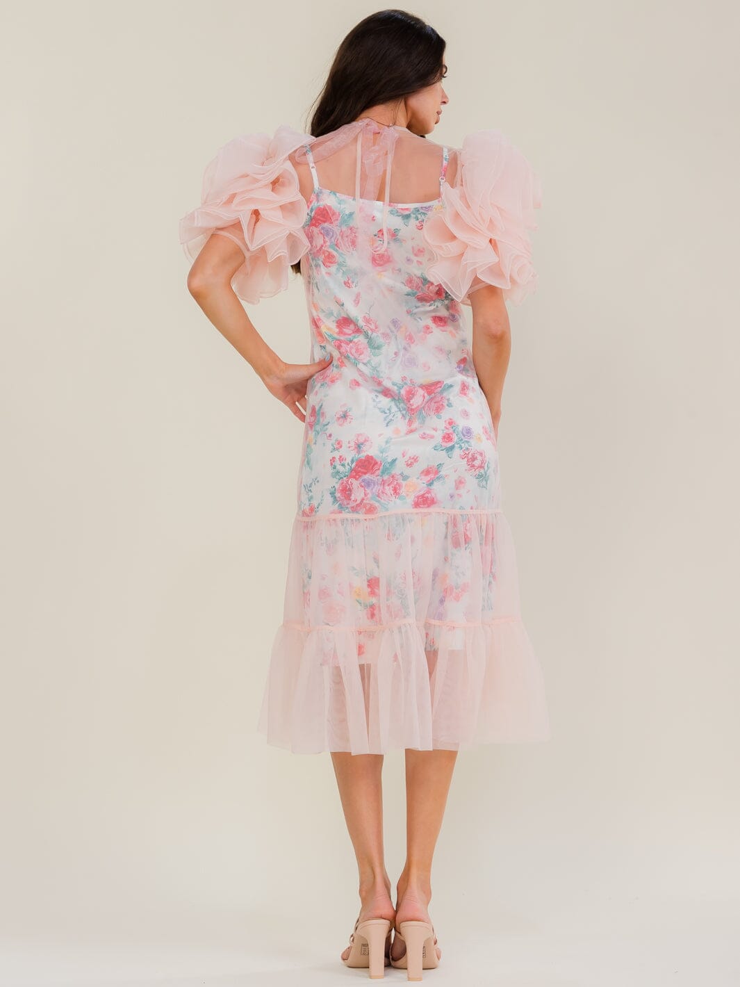 BEULAH WOMEN'S SHORT PUFF SLEEVE FLORAL LINING TULLE MIDI DRESS