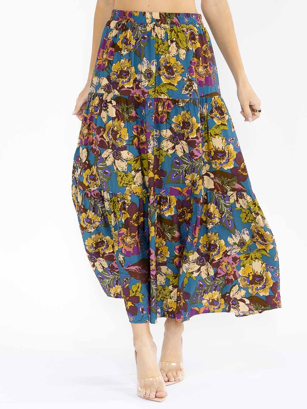 WOMEN'S ELASTIC WAIST TIERED FLORAL PRINT MAXI SKIRT