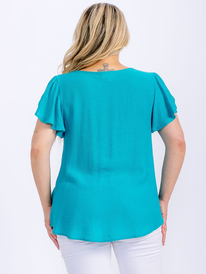 PLUS SIZE SHORT SLEEVE V-NECK TRIM DETAILED BLOUSE