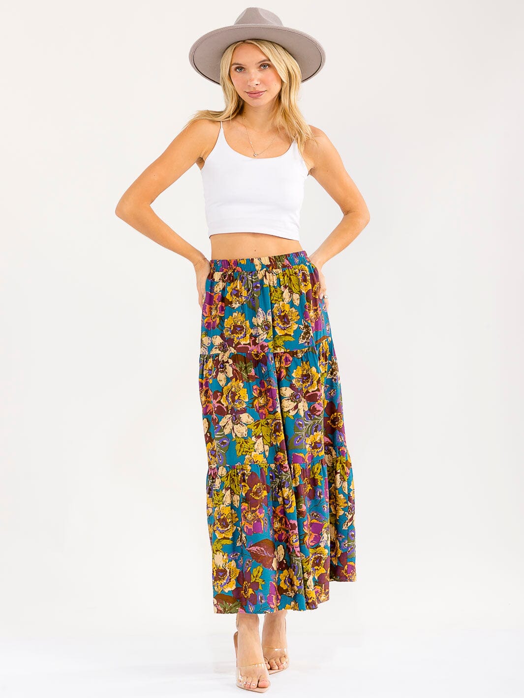 WOMEN'S ELASTIC WAIST TIERED FLORAL PRINT MAXI SKIRT