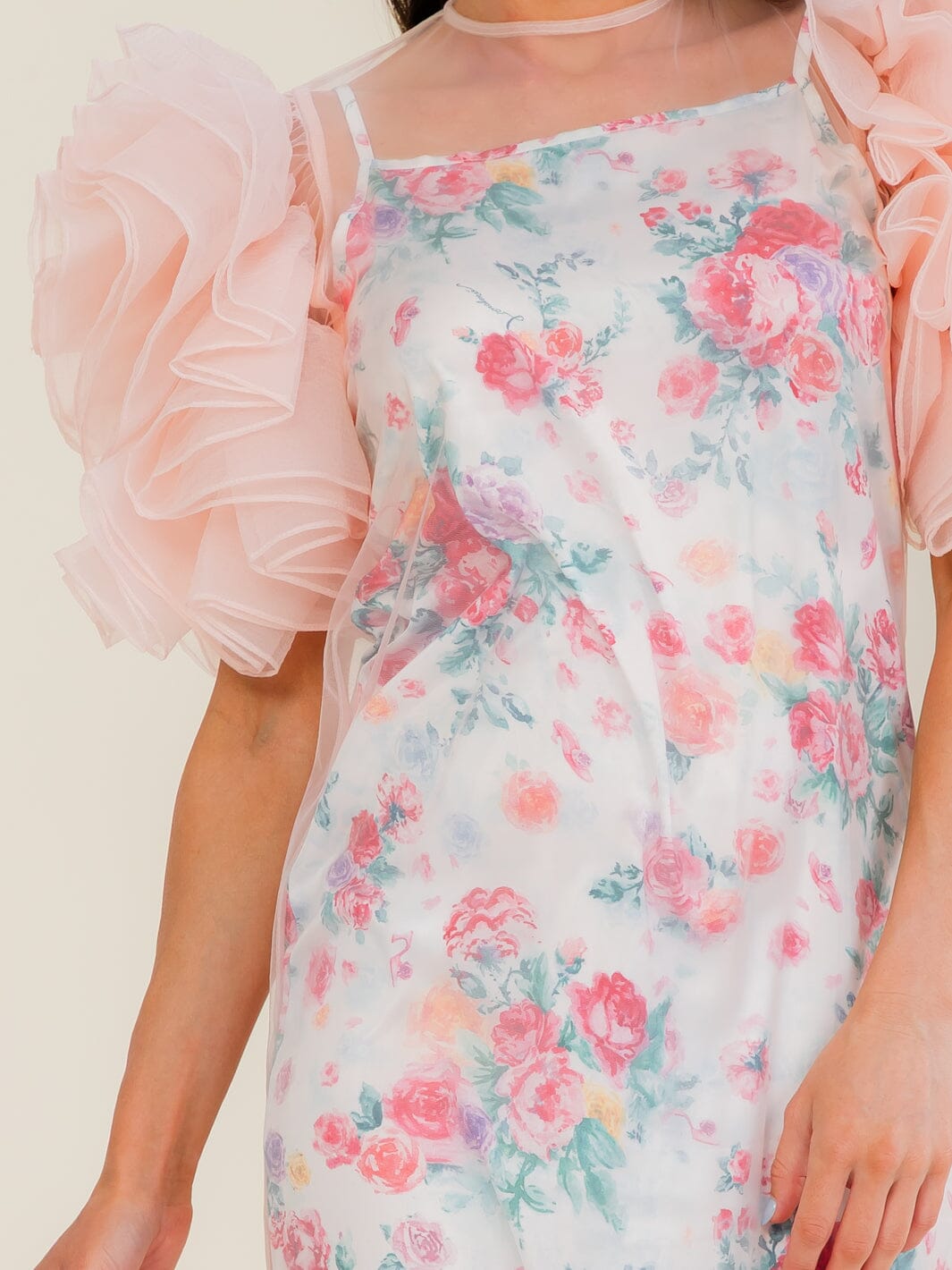 BEULAH WOMEN'S SHORT PUFF SLEEVE FLORAL LINING TULLE MIDI DRESS