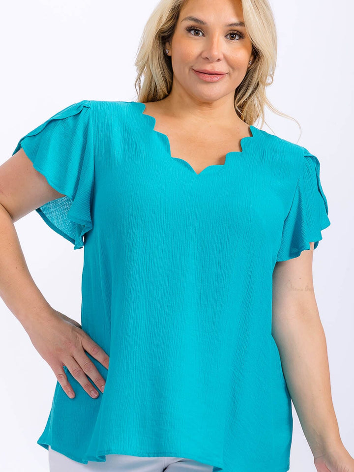 PLUS SIZE SHORT SLEEVE V-NECK TRIM DETAILED BLOUSE