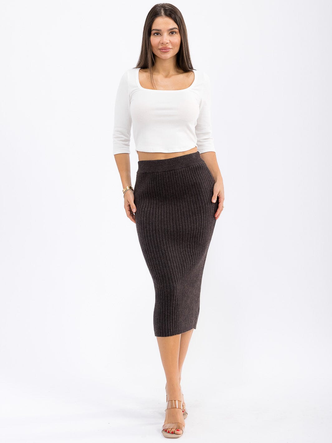 WOMEN'S ELASTIC WAIST RIBBED PENCIL MIDI SKIRT