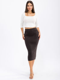 WOMEN'S ELASTIC WAIST RIBBED PENCIL MIDI SKIRT