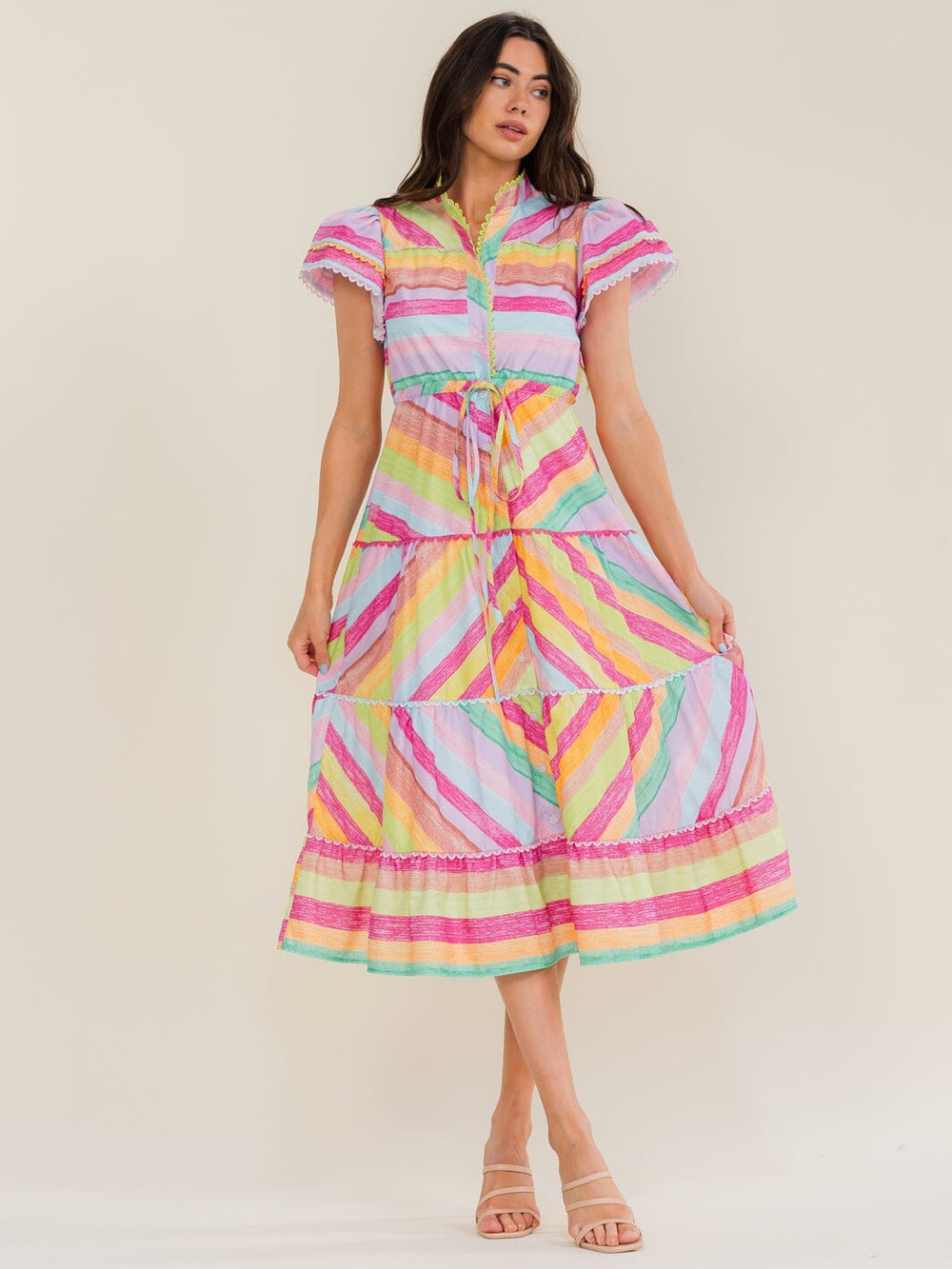 BEULAH WOMEN'S SHORT SLEEVE BUTTON UP MULTI PRINT TIERED MIDI DRESS