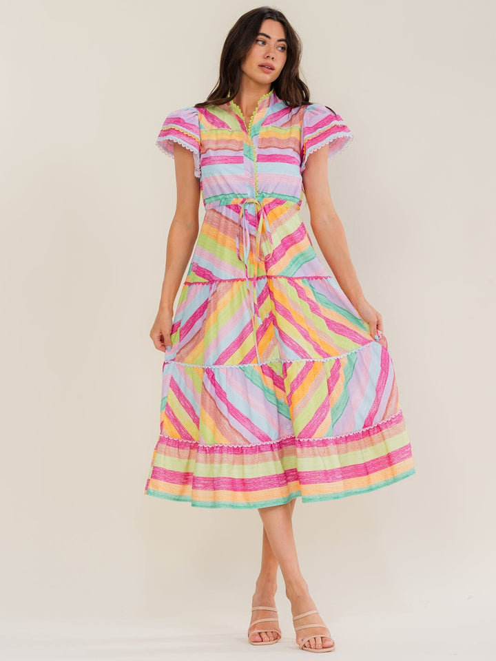 BEULAH WOMEN'S SHORT SLEEVE BUTTON UP MULTI PRINT TIERED MIDI DRESS
