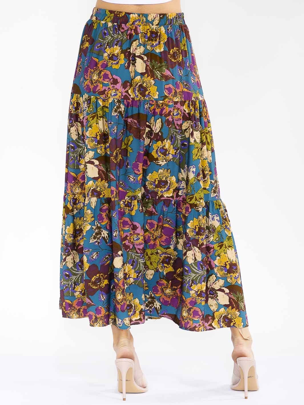 WOMEN'S ELASTIC WAIST TIERED FLORAL PRINT MAXI SKIRT
