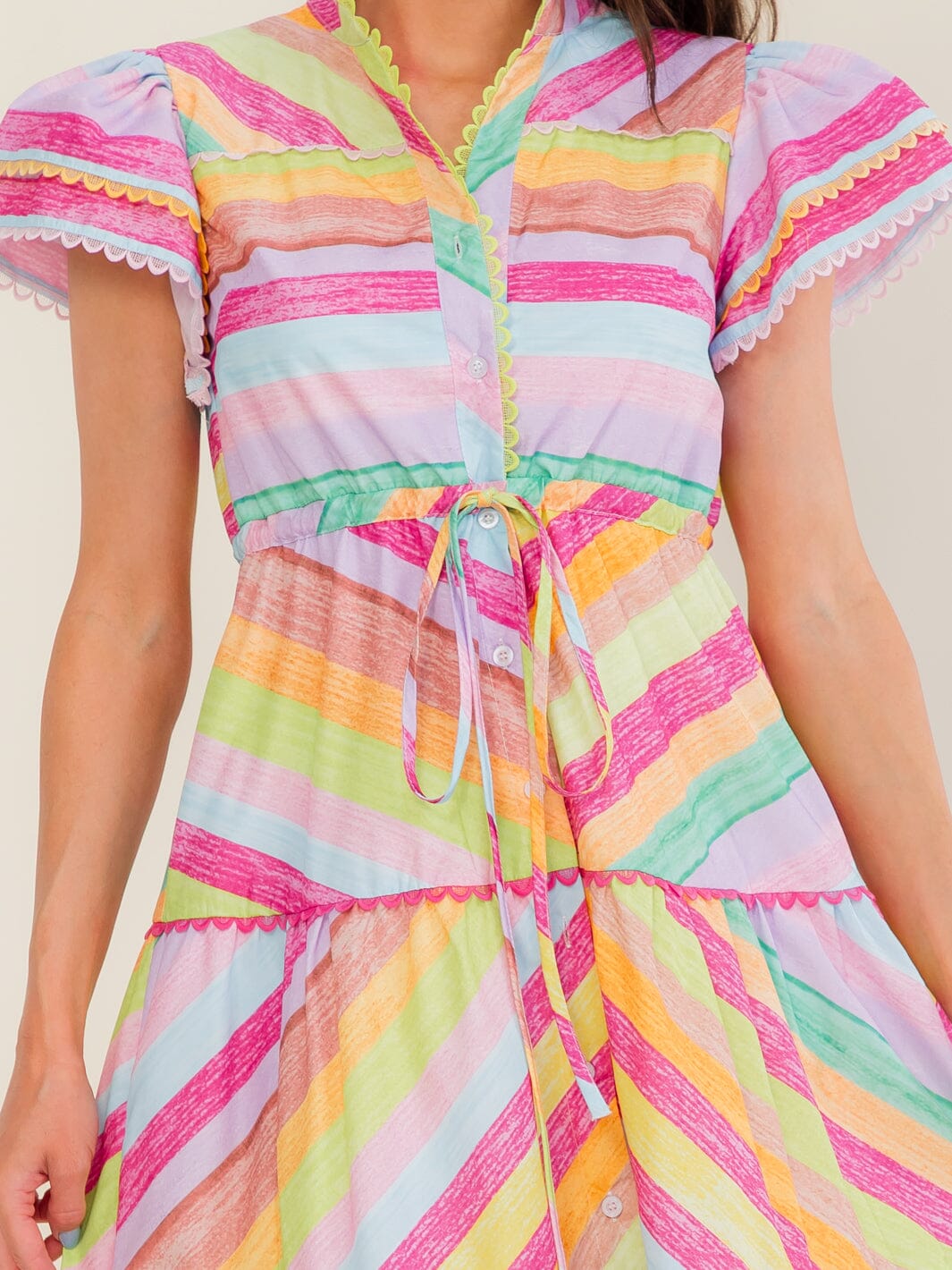 BEULAH WOMEN'S SHORT SLEEVE BUTTON UP MULTI PRINT TIERED MIDI DRESS