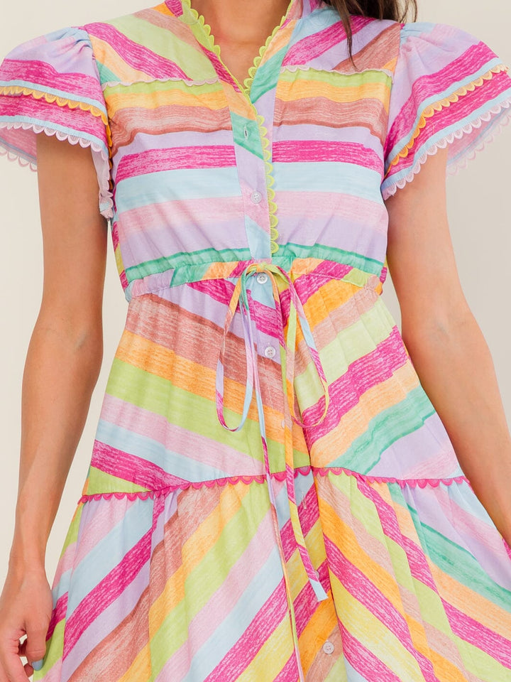 BEULAH WOMEN'S SHORT SLEEVE BUTTON UP MULTI PRINT TIERED MIDI DRESS