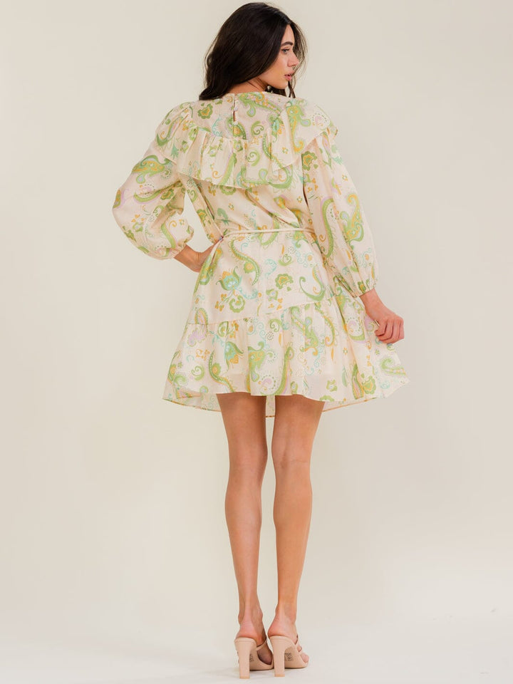 BEULAH WOMEN'S 3/4 SLEEVE SELF TIE MULTI PRINT MINI DRESS