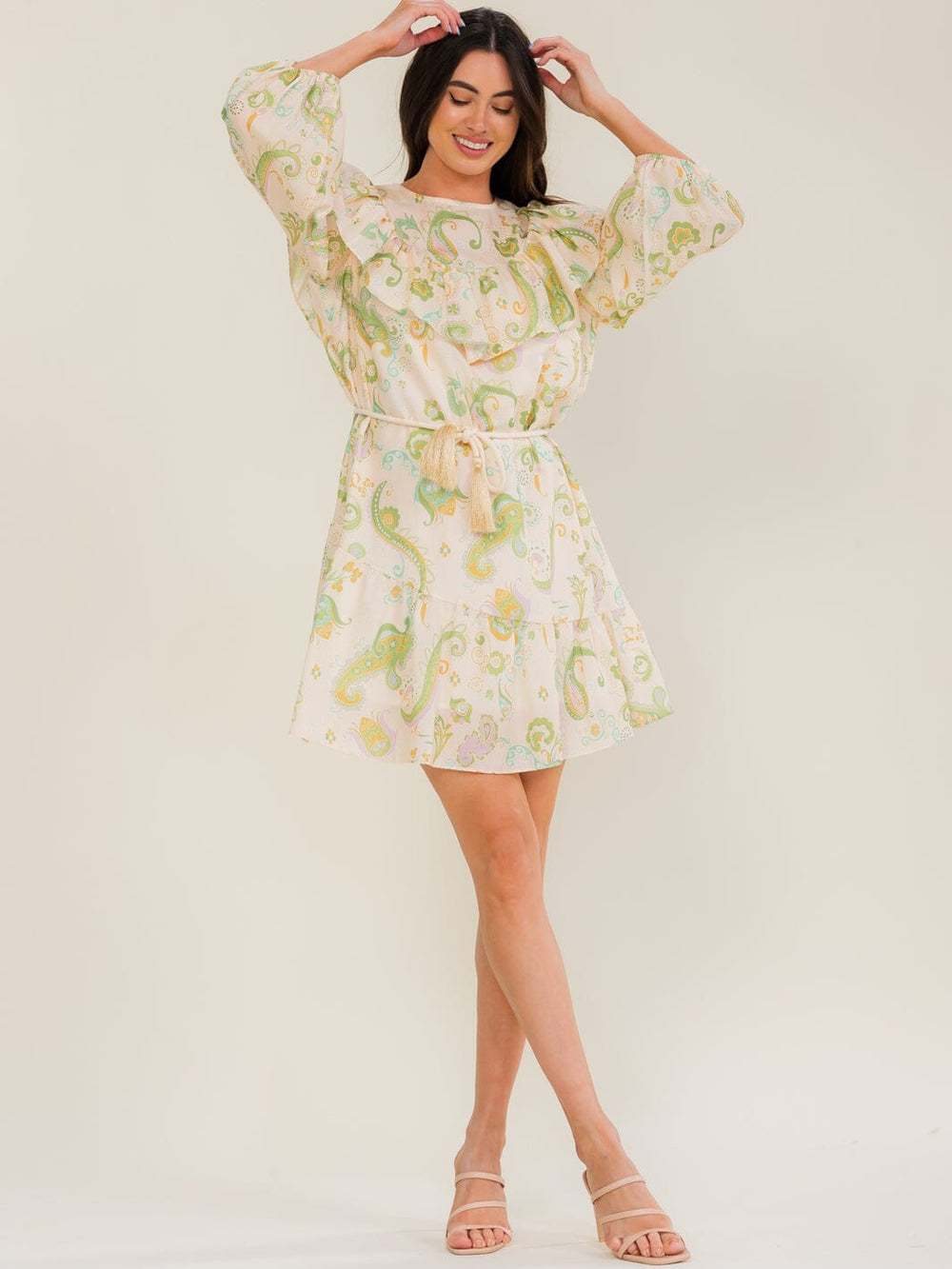 BEULAH WOMEN'S 3/4 SLEEVE SELF TIE MULTI PRINT MINI DRESS