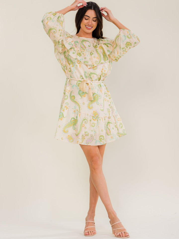 BEULAH WOMEN'S 3/4 SLEEVE SELF TIE MULTI PRINT MINI DRESS