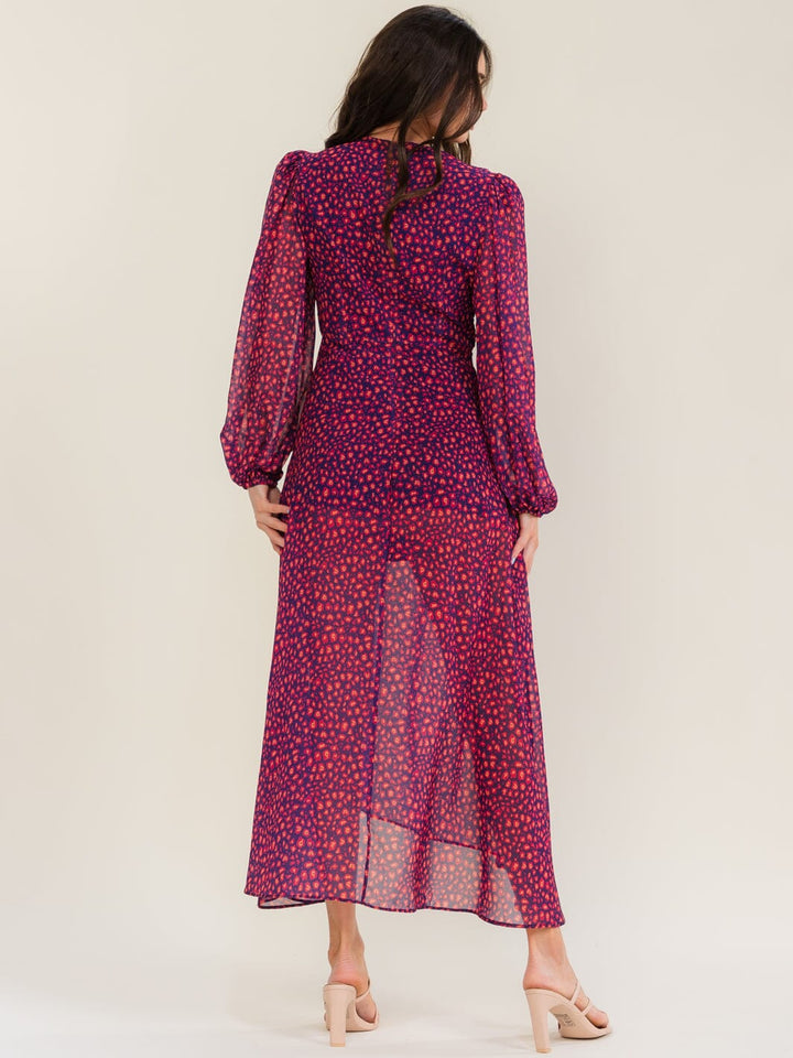 BEULAH WOMEN'S LONG SLEEVE V-NECK ELASTIC WAIST PRINT MAXI DRESS