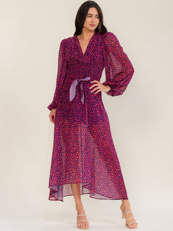 BEULAH WOMEN'S LONG SLEEVE V-NECK ELASTIC WAIST PRINT MAXI DRESS