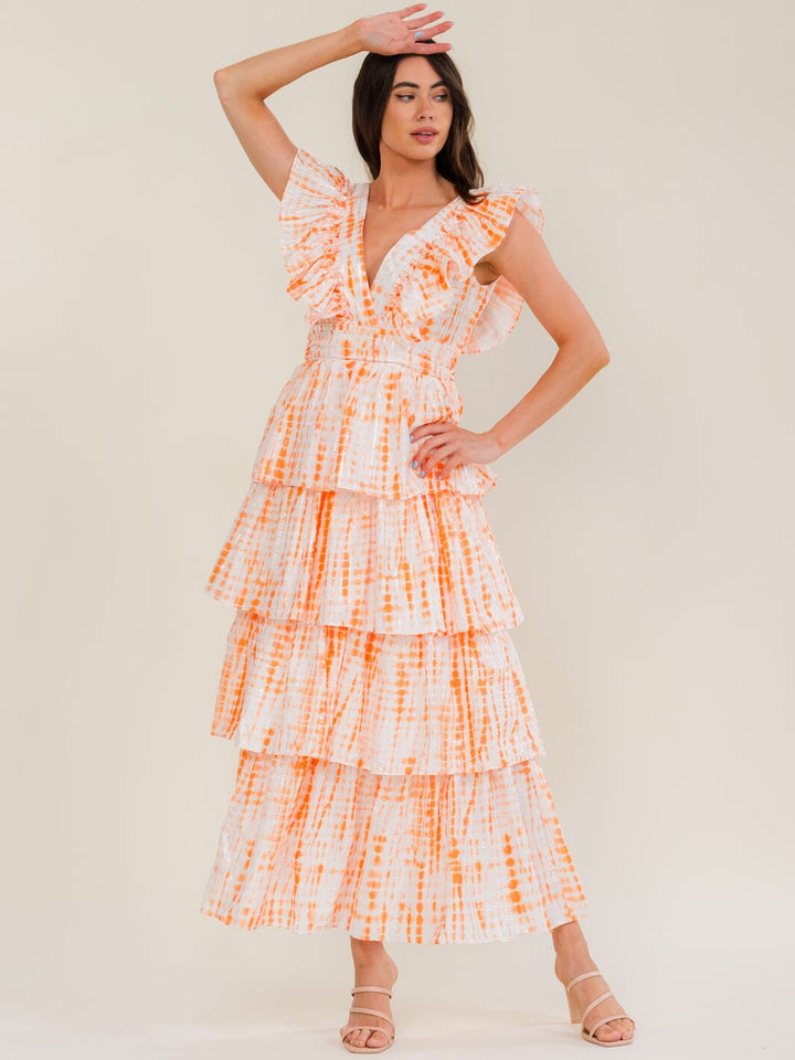 BEULAH WOMEN'S SLEEVELESS V-NECK MULTI PRINT RUFFLE TIERED MAXI DRESS