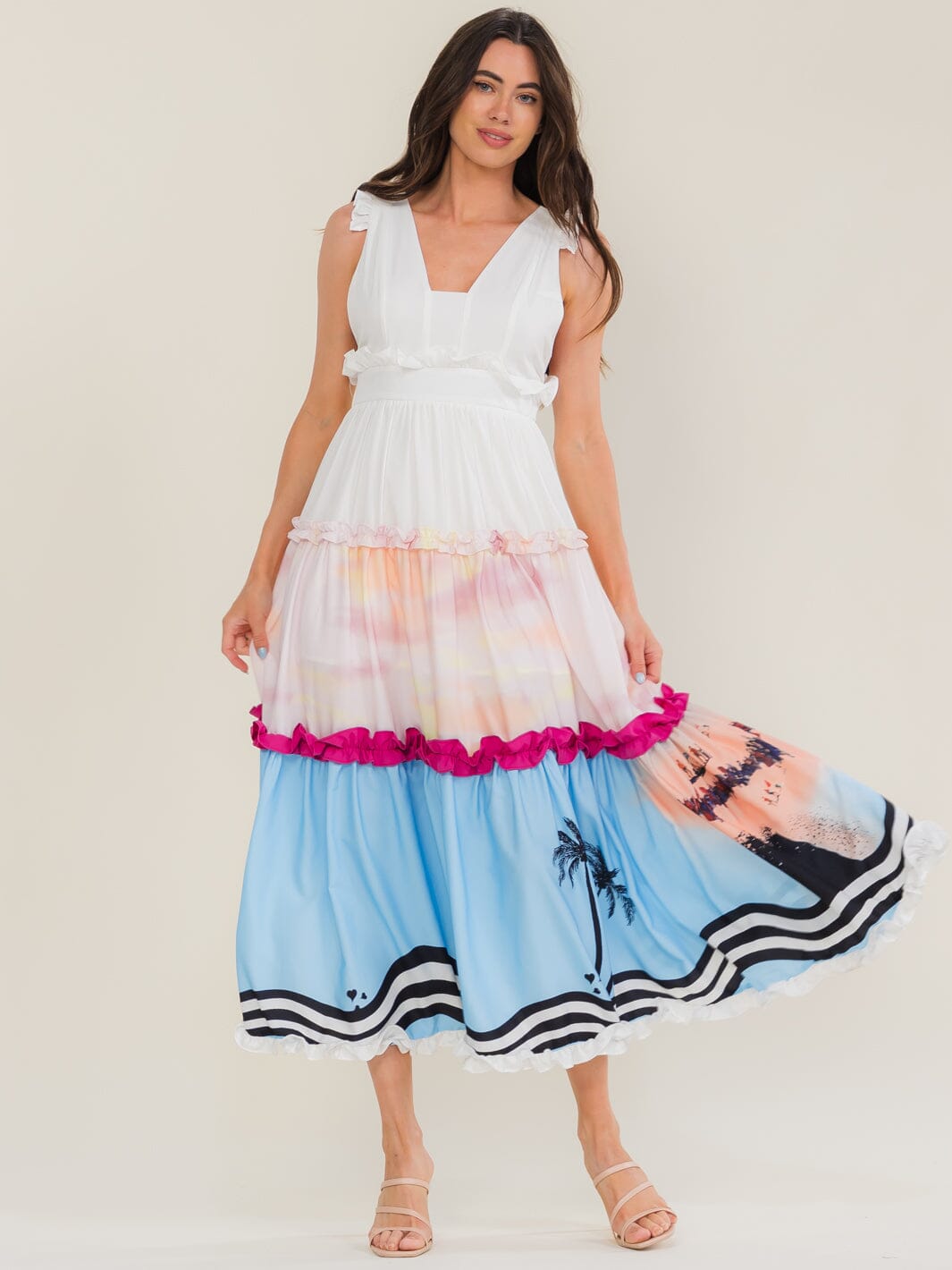 BEULAH WOMEN'S SLEEVELESS V-NECK MULTI PRINT TIERED MAXI DRESS