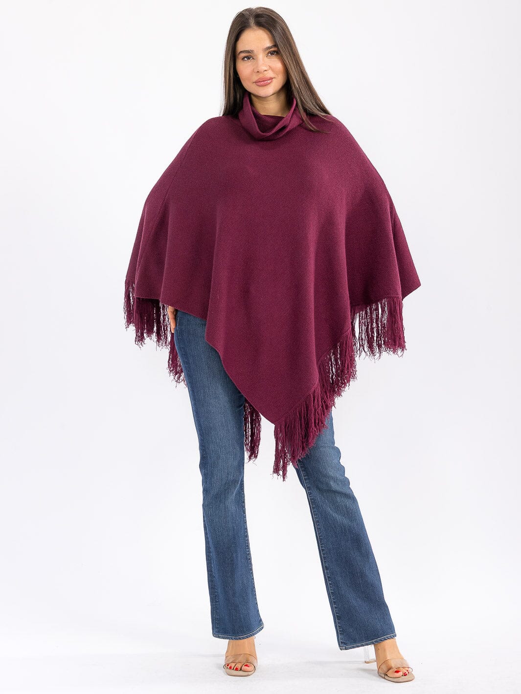 WOMEN'S LONG SLEEVE TURTLE NECK FRINGE BOTTOM HEM PULLOVER PONCHO