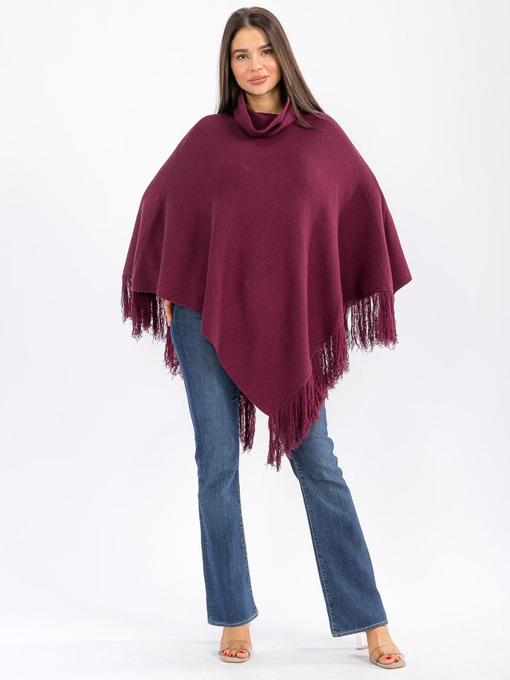 WOMEN'S LONG SLEEVE TURTLE NECK FRINGE BOTTOM HEM PULLOVER PONCHO