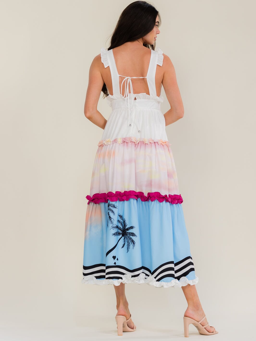 BEULAH WOMEN'S SLEEVELESS V-NECK MULTI PRINT TIERED MAXI DRESS