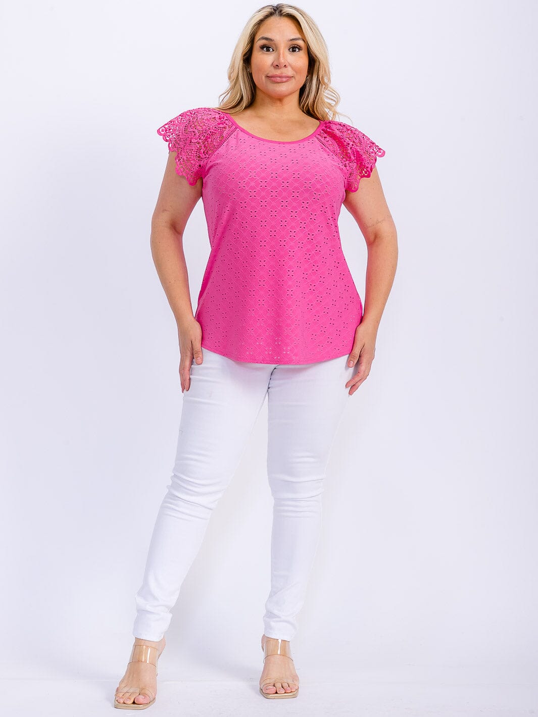 PLUS SIZE SHORT SLEEVE CROCHET EYELET BLOUSE