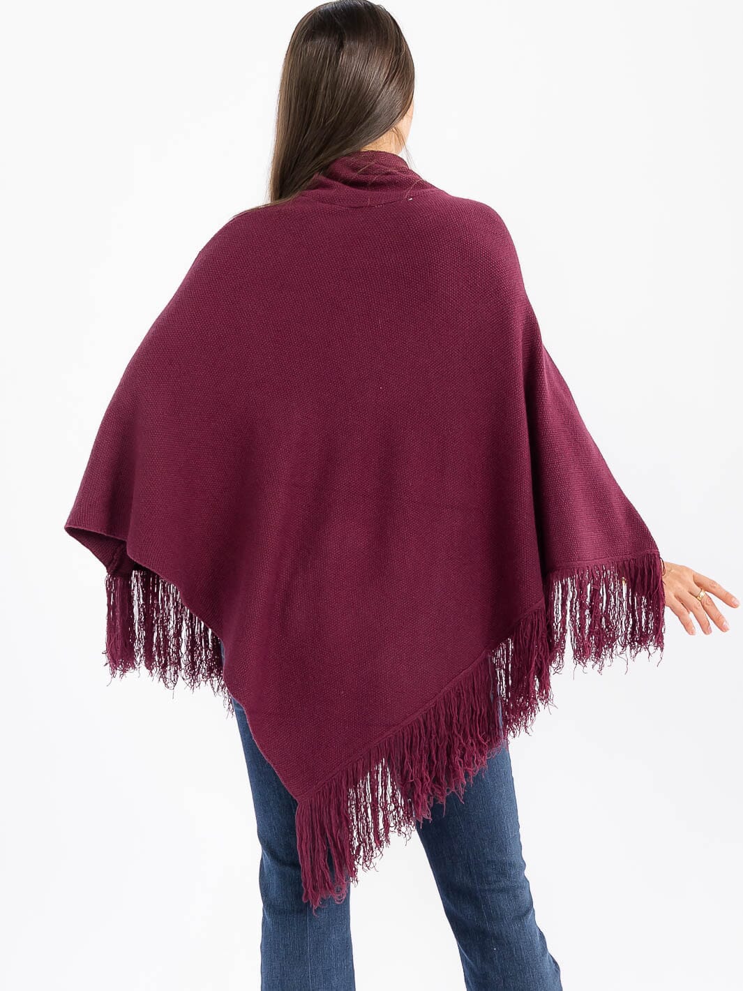 WOMEN'S LONG SLEEVE TURTLE NECK FRINGE BOTTOM HEM PULLOVER PONCHO
