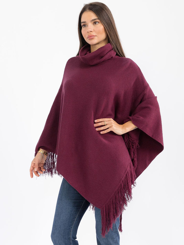 WOMEN'S LONG SLEEVE TURTLE NECK FRINGE BOTTOM HEM PULLOVER PONCHO
