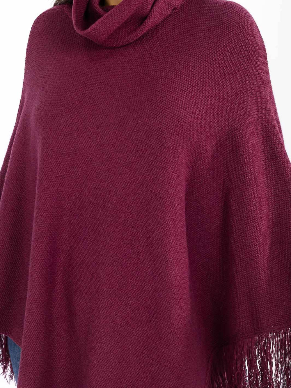 WOMEN'S LONG SLEEVE TURTLE NECK FRINGE BOTTOM HEM PULLOVER PONCHO