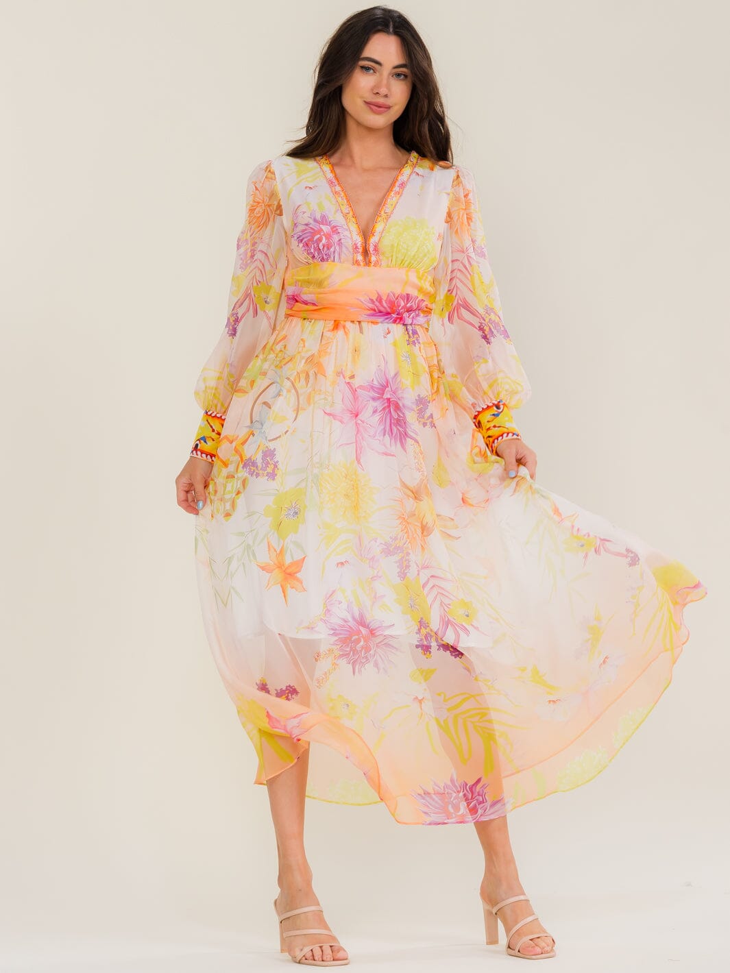 BEULAH WOMEN'S LONG SLEEVE V-NECK FLORAL PRINT MAXI DRESS