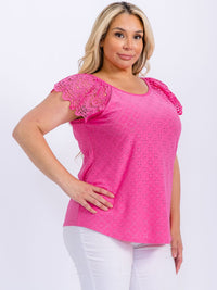 PLUS SIZE SHORT SLEEVE CROCHET EYELET BLOUSE