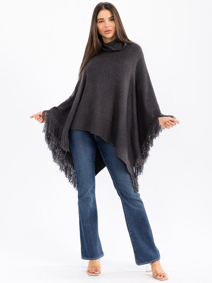 WOMEN'S LONG SLEEVE TURTLE NECK FRINGE BOTTOM HEM PULLOVER PONCHO
