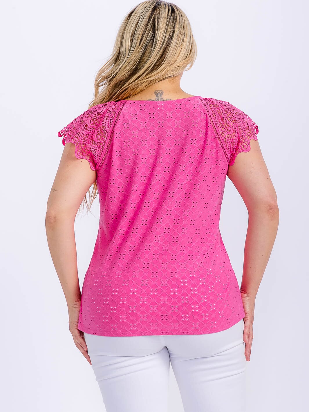 PLUS SIZE SHORT SLEEVE CROCHET EYELET BLOUSE