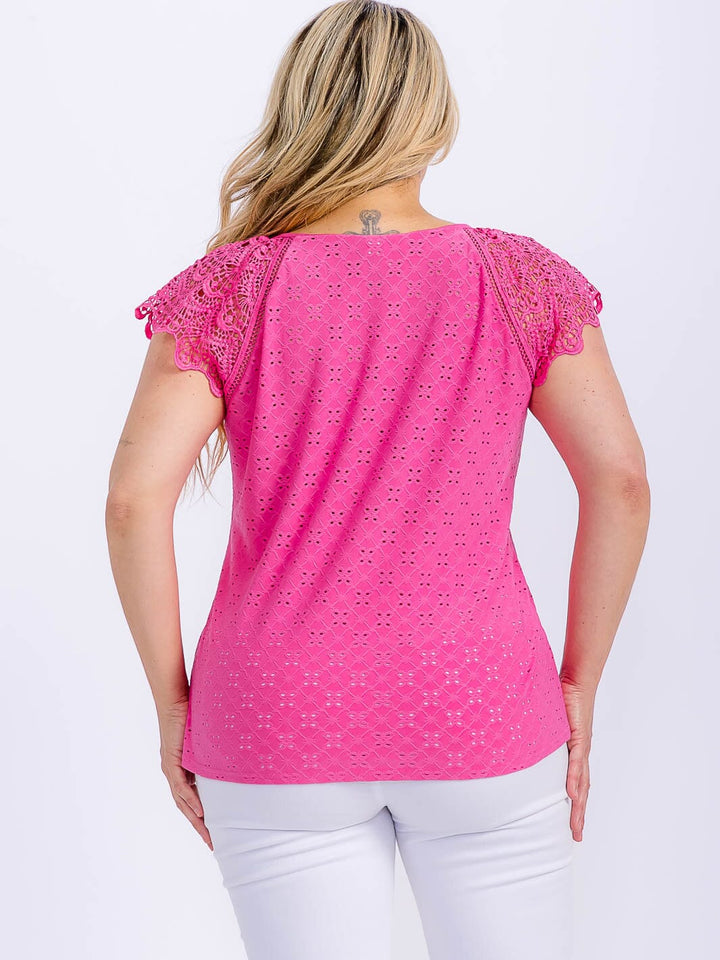 PLUS SIZE SHORT SLEEVE CROCHET EYELET BLOUSE