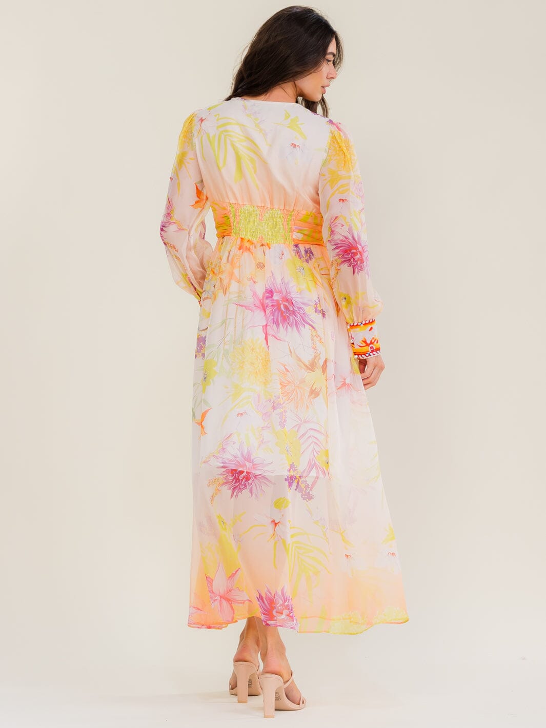 BEULAH WOMEN'S LONG SLEEVE V-NECK FLORAL PRINT MAXI DRESS