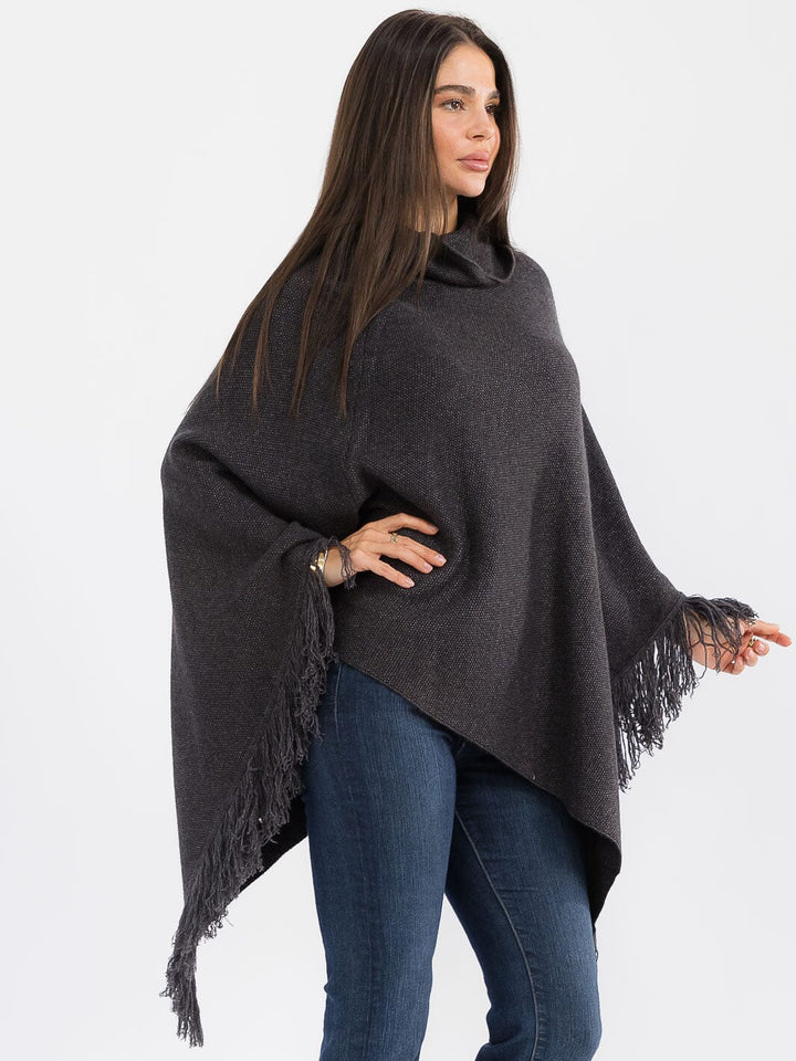 WOMEN'S LONG SLEEVE TURTLE NECK FRINGE BOTTOM HEM PULLOVER PONCHO