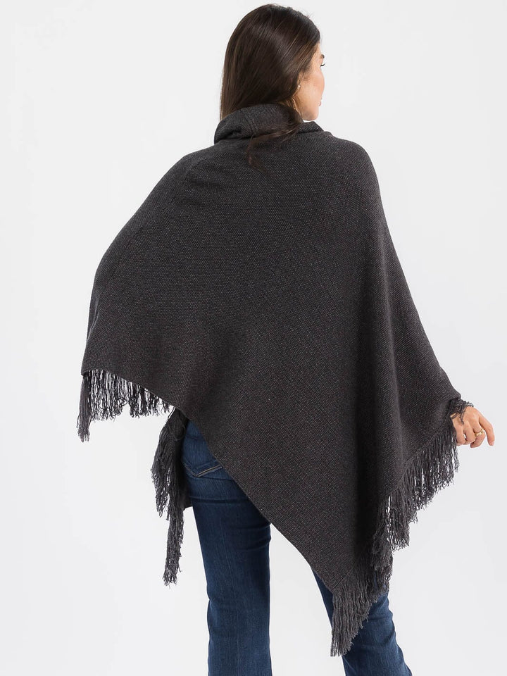 WOMEN'S LONG SLEEVE TURTLE NECK FRINGE BOTTOM HEM PULLOVER PONCHO