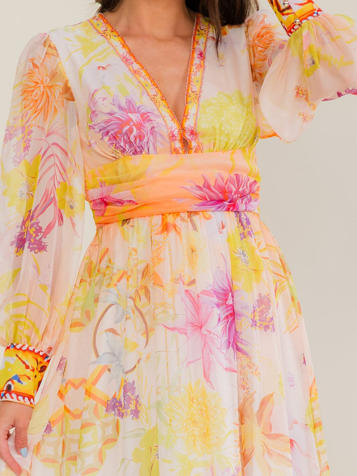 BEULAH WOMEN'S LONG SLEEVE V-NECK FLORAL PRINT MAXI DRESS