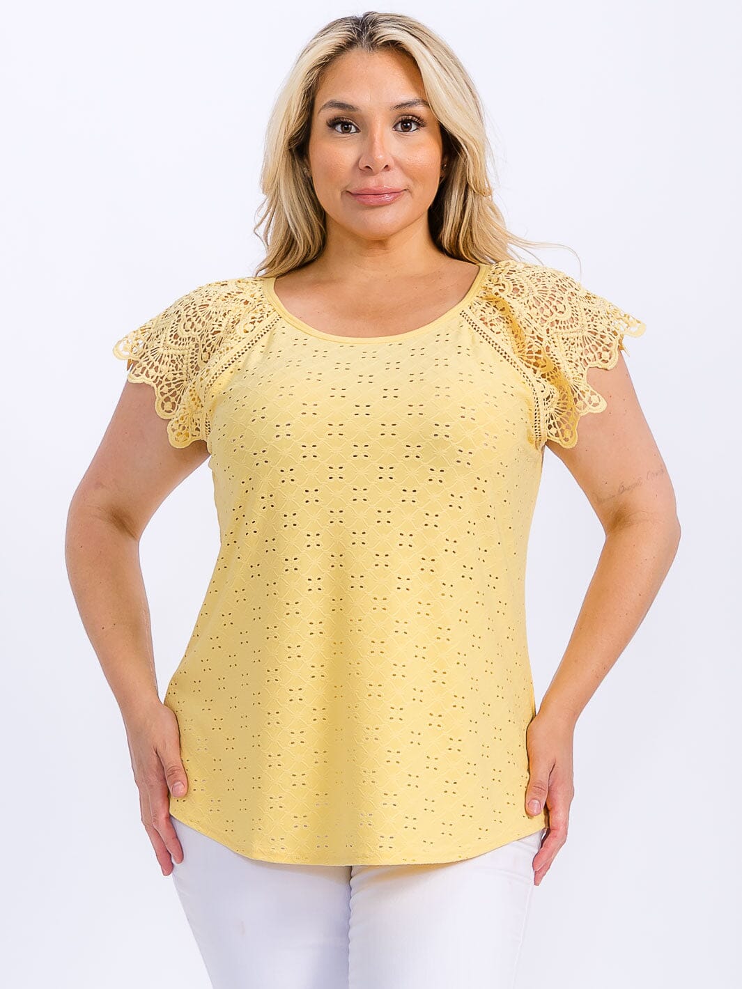 PLUS SIZE SHORT SLEEVE CROCHET EYELET BLOUSE