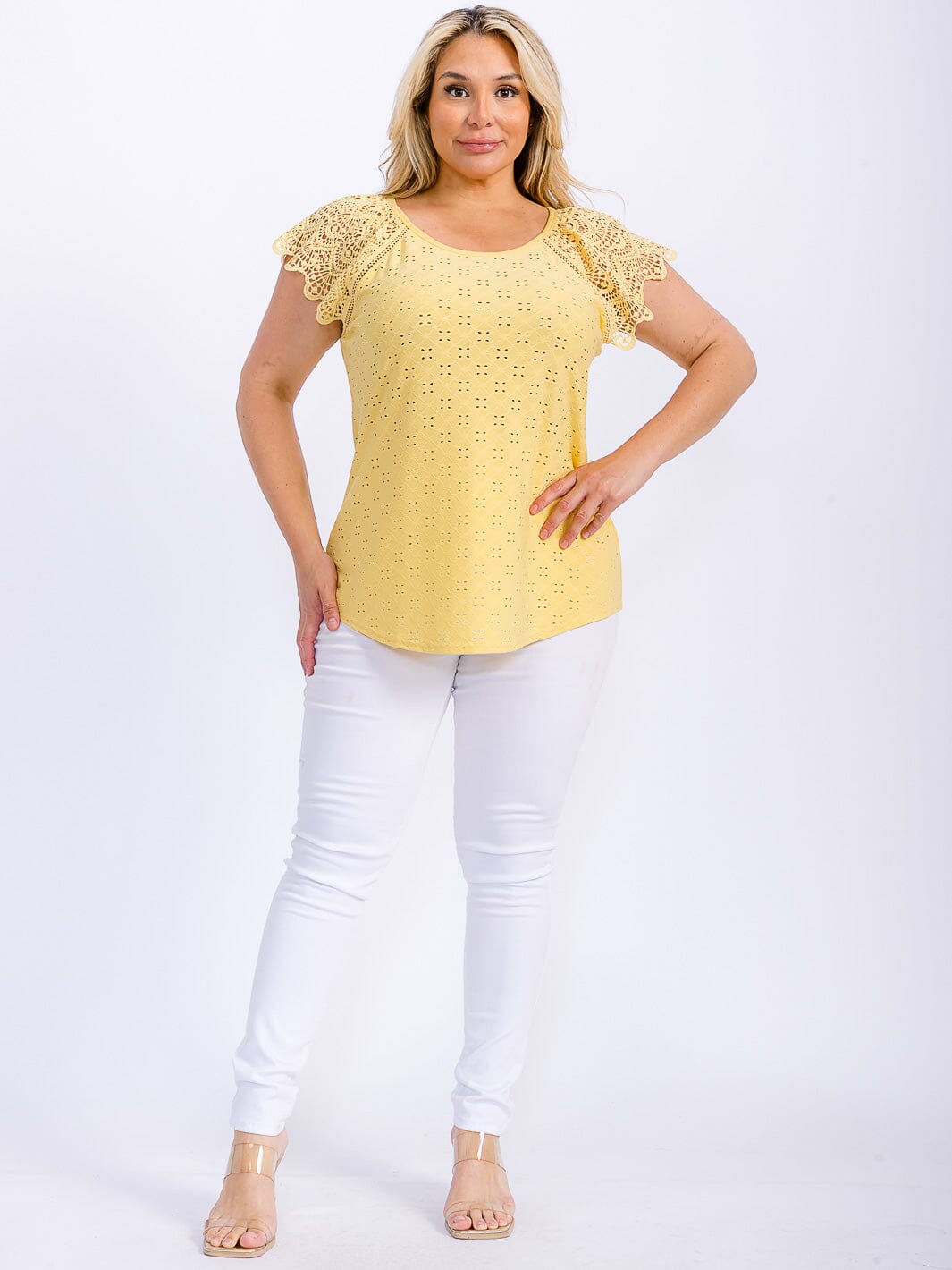 PLUS SIZE SHORT SLEEVE CROCHET EYELET BLOUSE